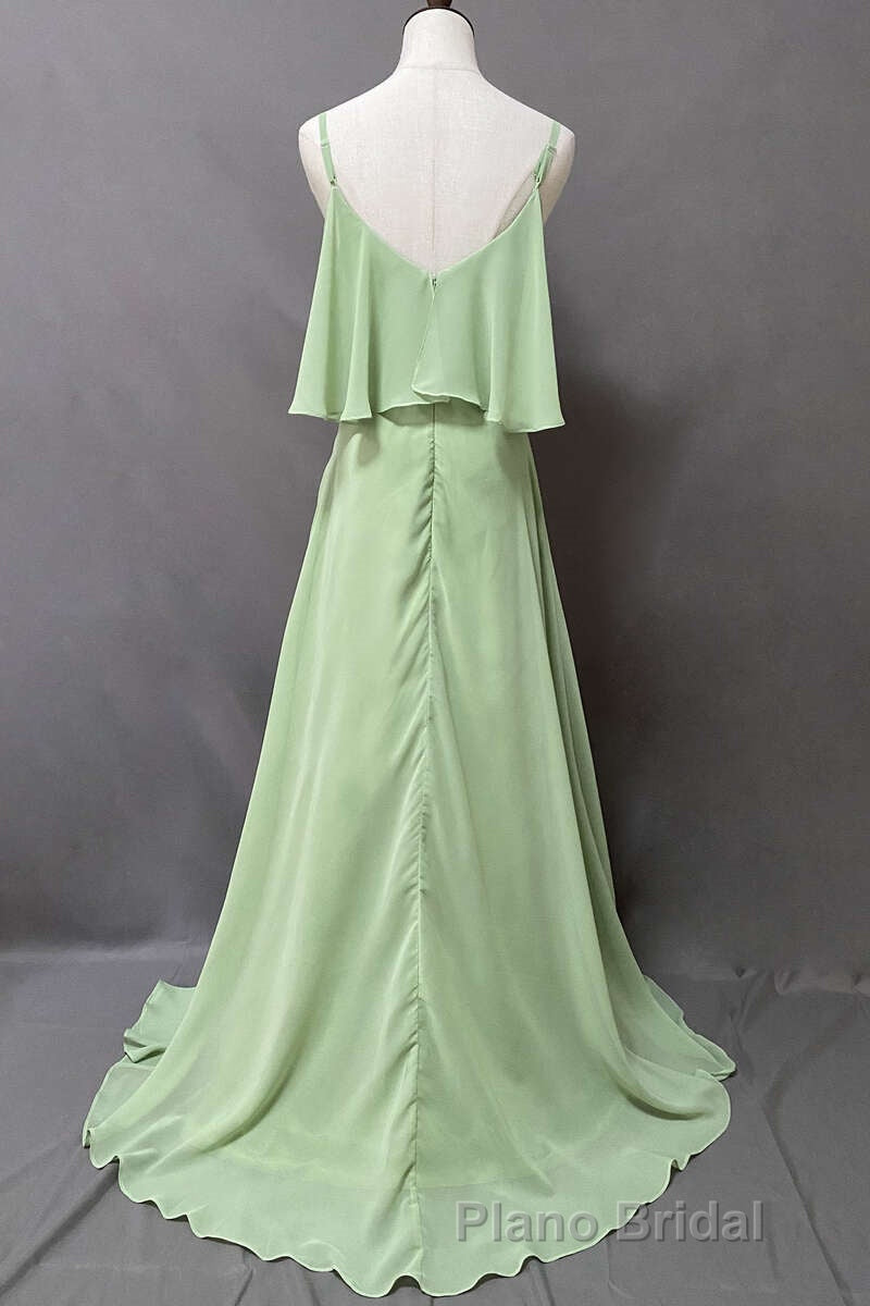 Ruffles Sage Green Straps A-Line Long Bridesmaid Dresses with Slit