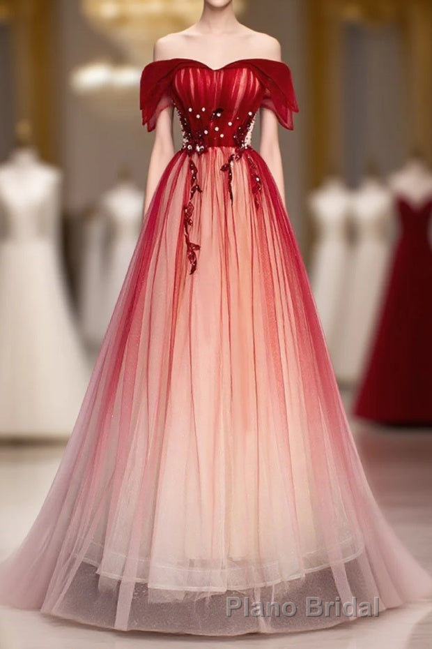 Burgundy Off Shoulder Tulle Long Formal Prom Dresses, Burgundy Prom Dresses, 1 Main image