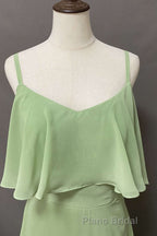 Ruffles Sage Green Straps A-Line Long Bridesmaid Dresses with Slit