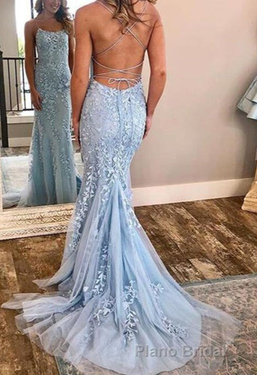 Chic Trumpet Spaghetti Straps With Lace Appliques Light Blue Formal Prom Dresses Secondary image