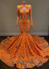 Hot Orange High neck Long Sleeves Mermaid Sequin Formal Prom Dresses