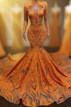 Hot Orange High neck Long Sleeves Mermaid Sequin Formal Prom Dresses