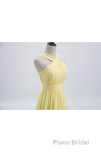 Cross Front Yellow Pleated Chiffon Long Bridesmaid Dresses