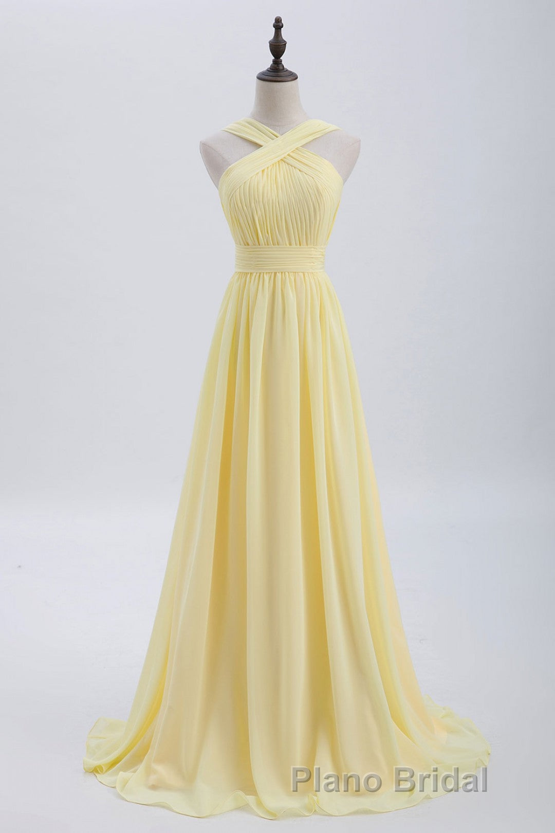 Cross Front Yellow Pleated Chiffon Long Bridesmaid Dresses