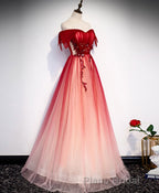 Burgundy Off Shoulder Tulle Long Formal Prom Dresses, Burgundy Prom Dresses, 1