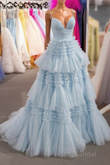 Elegant Light Blue Side Slit Tulle Long Formal Prom Dresses