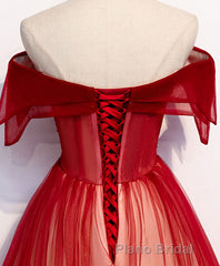 Burgundy Off Shoulder Tulle Long Formal Prom Dresses, Burgundy Prom Dresses, 1