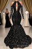 Black Sexy Keyhole Cool Shoulder Mermaid Flowers Formal Prom Dresses