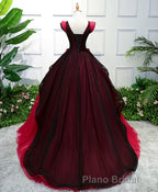 Unique Burgundy V Neck Tulle Long Formal Prom Dresses, Burgundy Evening Dresses