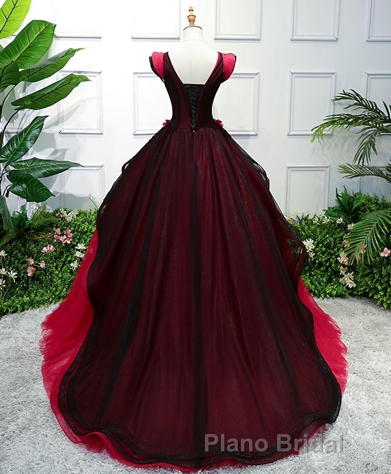 Unique Burgundy V Neck Tulle Long Formal Prom Dresses, Burgundy Evening Dresses