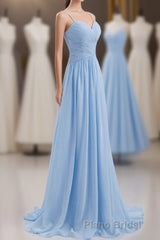 Blue Pleated Straps Chiffon Long Bridesmaid Dresses