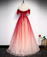 Burgundy Off Shoulder Tulle Long Formal Prom Dresses, Burgundy Prom Dresses, 1