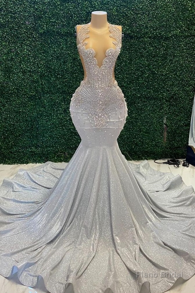 Mermaid Sparkle Silver Beaded Long Prom Dresses Main image