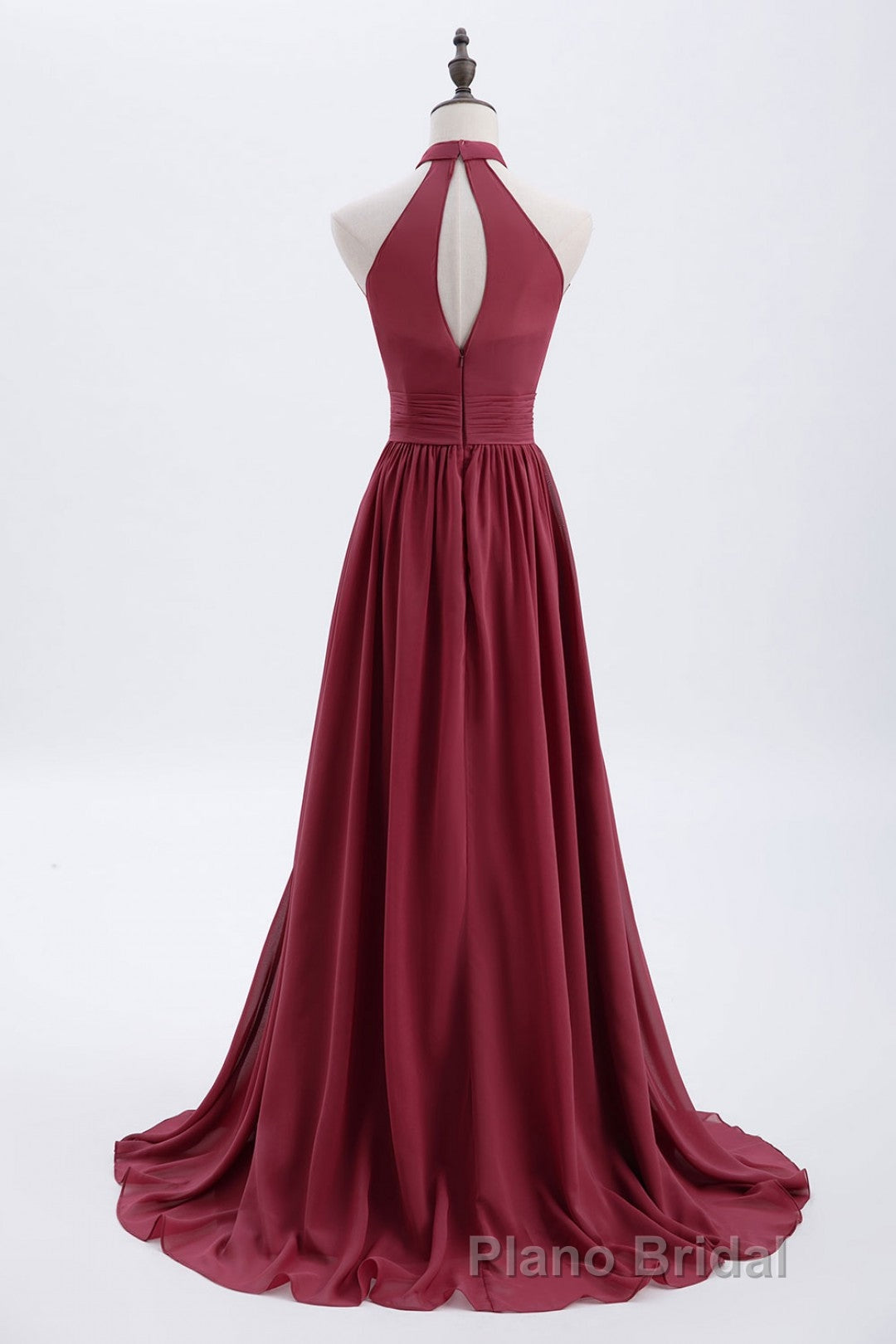 High Neck Burgundy Chiffon A-line Long Bridesmaid Dresses Secondary image