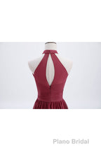 High Neck Burgundy Chiffon A-line Long Bridesmaid Dresses