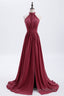 High Neck Burgundy Chiffon A-line Long Bridesmaid Dresses