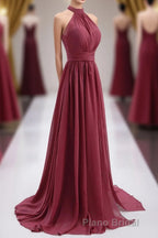 High Neck Burgundy Chiffon A-line Long Bridesmaid Dresses