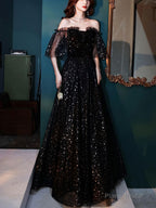 Black Tulle Off Shoulder Tulle Long Prom Dress, Black Evening Dress