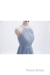 Misty Blue Scoop Chiffon A-line Long Bridesmaid Dresses
