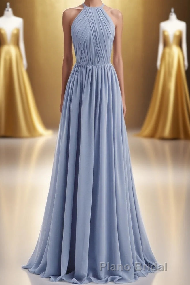 Misty Blue Scoop Chiffon A-line Long Bridesmaid Dresses Main image
