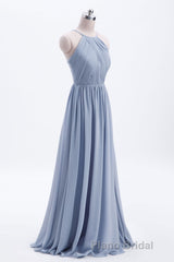 Misty Blue Scoop Chiffon A-line Long Bridesmaid Dresses