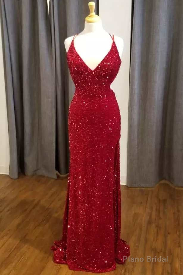 Red Sequin V-Neck Mermaid Long Formal Dress Main image