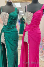 Asymmetrical Magenta Beaded Long Prom Dresses with Attached Train