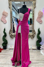 Asymmetrical Magenta Beaded Long Prom Dresses with Attached Train