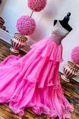 Hot Pink Beaded Top One Shoulder Layers Long Formal Prom Dresses