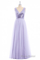 Lavender Sequin V-Neck Backless A-Line Long Dresses