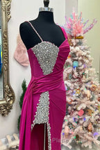 Asymmetrical Magenta Beaded Long Prom Dresses with Attached Train
