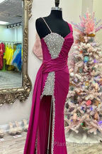 Asymmetrical Magenta Beaded Long Prom Dresses with Attached Train