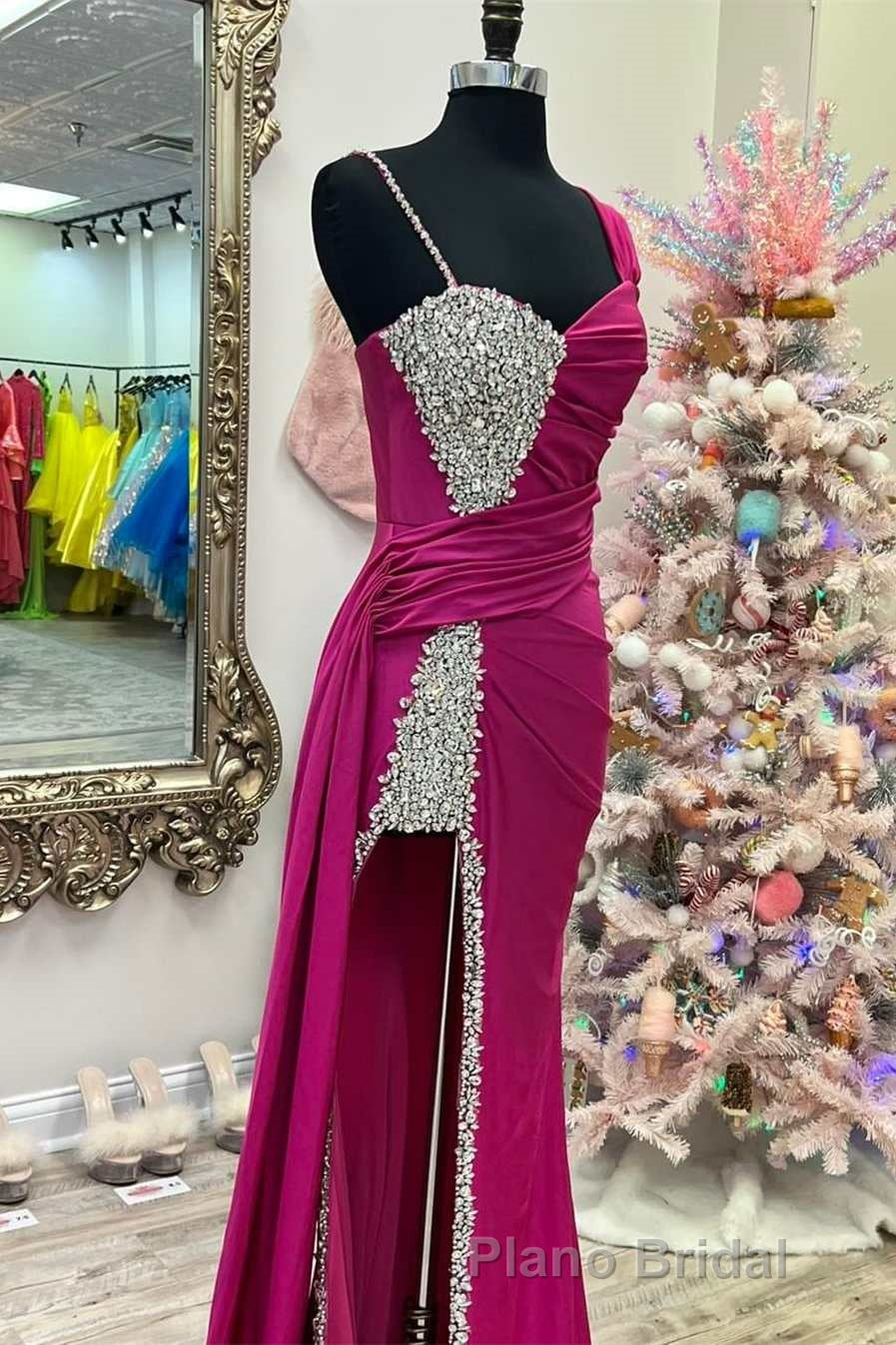 Asymmetrical Magenta Beaded Long Prom Dresses with Attached Train