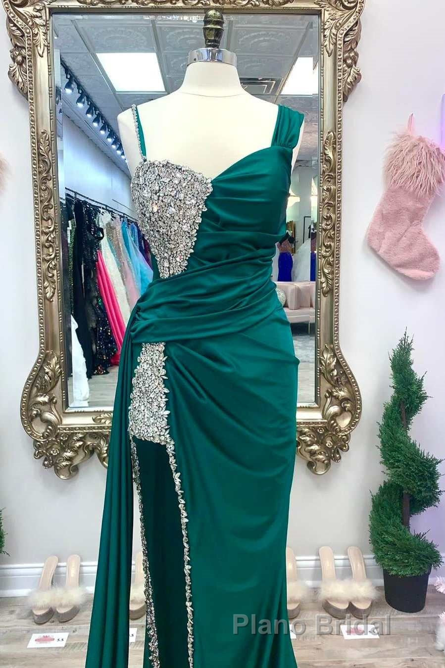 Asymmetrical Magenta Beaded Long Prom Dresses with Attached Train