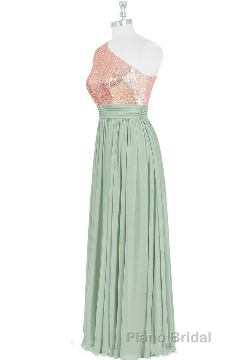 Rose Gold Sequins One-Shoulder Long Bridesmaid Dresses