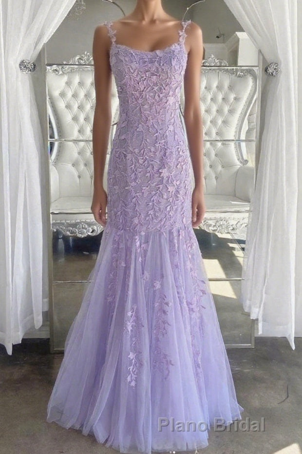 Lilac Spaghetti Straps Long Lace Tulle Evening Dresses Mermaid Appliques Formal Prom Dresses Main image