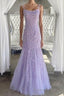 Lilac Spaghetti Straps Long Lace Tulle Evening Dresses Mermaid Appliques Formal Prom Dresses
