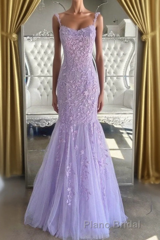 Lilac Spaghetti Straps Long Lace Tulle Evening Dresses Mermaid Appliques Formal Prom Dresses
