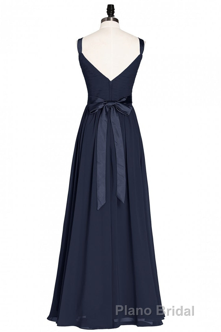 Navy Blue V-Neck Tie-Back A-Line Long Bridesmaid Dresses Secondary image