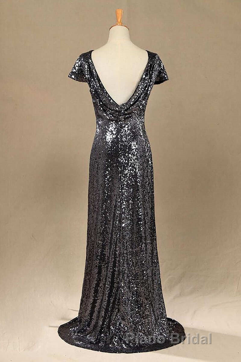 Black Sequin Cap Sleeve Backless Long Bridesmaid Dresses Secondary image