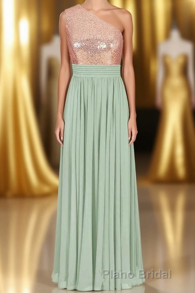 Rose Gold Sequins One-Shoulder Long Bridesmaid Dresses