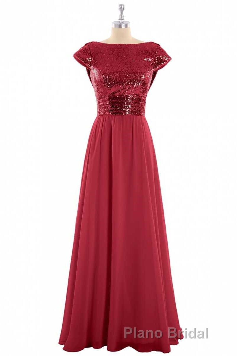 Burgundy Sequin Cap Sleeve Backless A-Line Bridesmaid Dresses Secondary image
