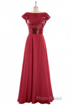 Burgundy Sequin Cap Sleeve Backless A-Line Bridesmaid Dresses