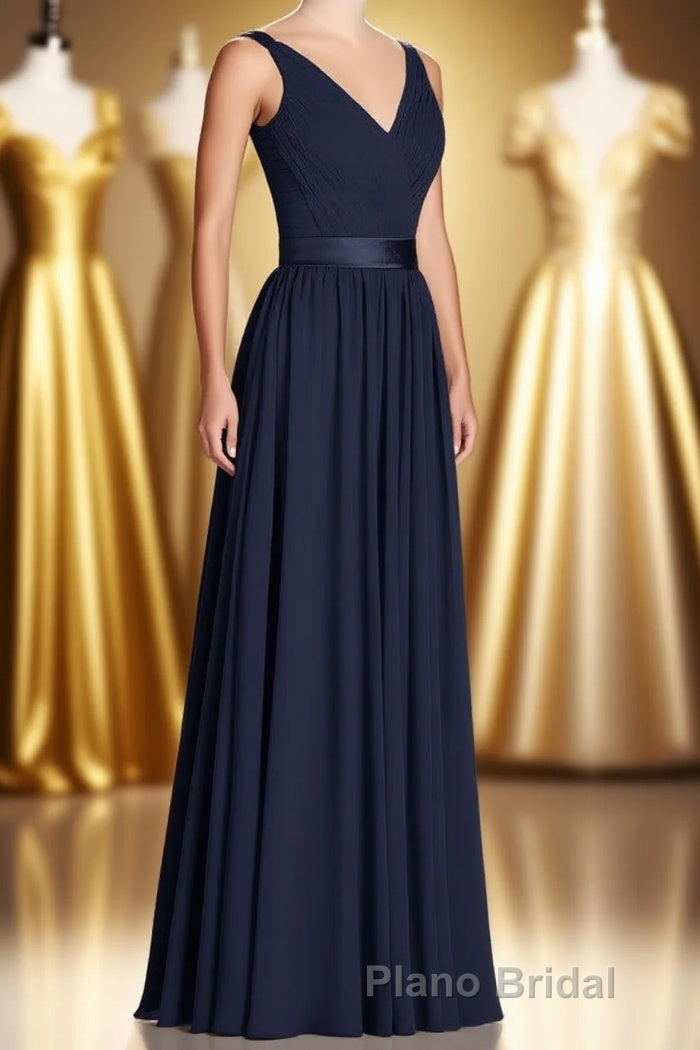 Navy Blue V-Neck Tie-Back A-Line Long Bridesmaid Dresses Main image