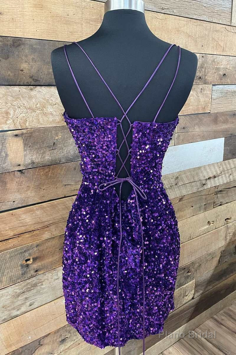 Purple Sequin Plunge V Lace-Up Short Party Dress Secondary image