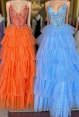 Multi-Tiered Lace Beaded V-Neck Long Formal Prom Dresses