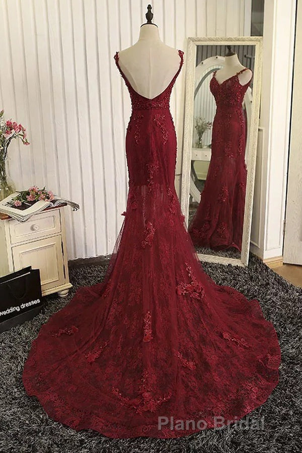 Burgundy Trumpet Sweep Train V Neck Mid Back Appliques Beading Long Formal Prom Dresses Secondary image