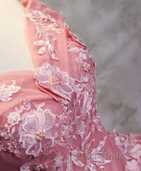 Pink Tulle Lace Off Shoulder Long Formal Prom Dress, Pink Tulle Evening Dress, 1