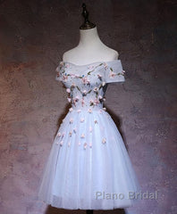 Cute Gray Blue Tulle Short Formal Prom Dress, Gray Homecoming Dress