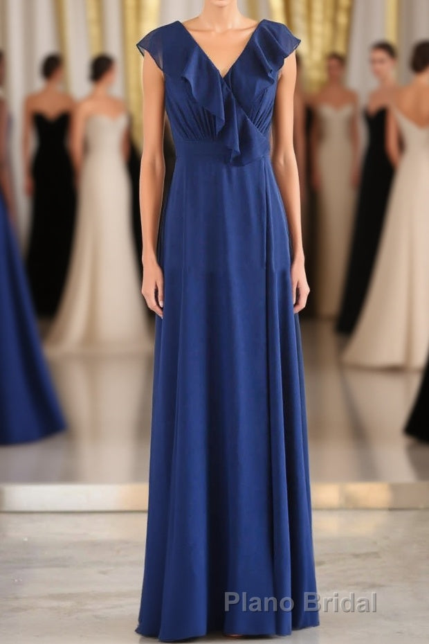 Navy Blue Ruffled Tie-Side Long Bridesmaid Dresses Main image